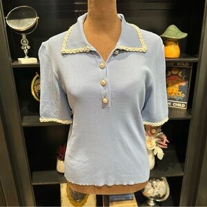 Alexia Admor Brianna Knit Polo Top – Size M – Halogen Blue with Contrast Trim